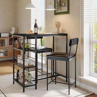 3-Piece Modern Dining Set, Dining Table Set with 2 Upholstered Bar Stools,Bar Table Set w/ Metal Frame&Built-in Wine Rack for Kitchen Dining Room Apartment Breakfast Nook 36"Lx 16.7"W x 37.2"H Black
