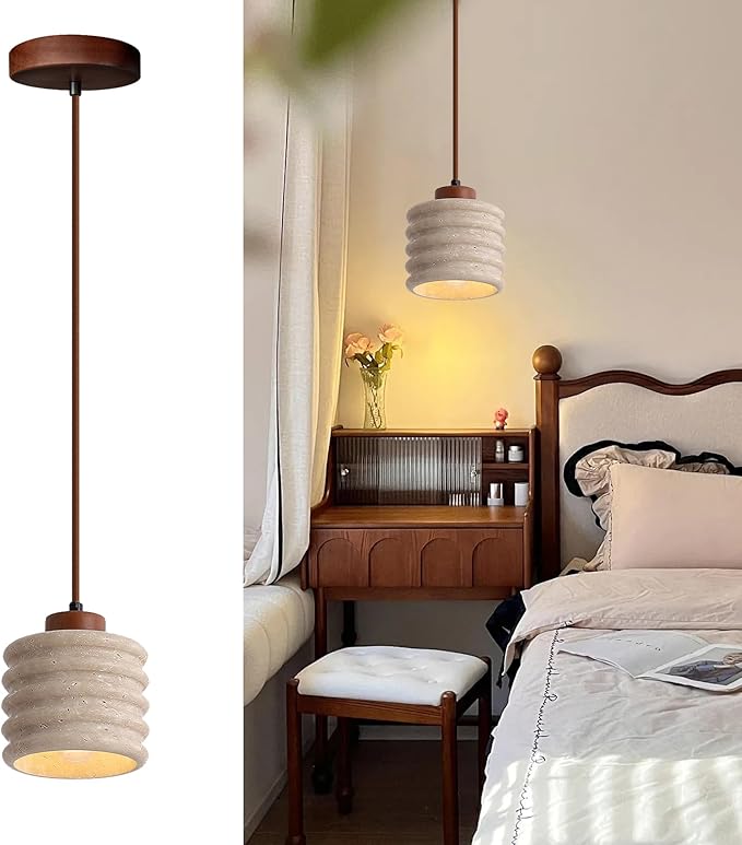 Japanese Wabi sabi Pendant Light with Natural Stone Shade, Dimmable Modern Wood Hanging Lamp Fixture, Adjustable Height Pendant Lamp for Bedroom, Kitchen Island, Dining Room, Restaurant, Cafe, Bar (L)