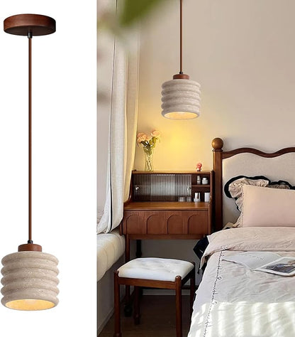 Japanese Wabi sabi Pendant Light with Natural Stone Shade, Dimmable Modern Wood Hanging Lamp Fixture, Adjustable Height Pendant Lamp for Bedroom, Kitchen Island, Dining Room, Restaurant, Cafe, Bar (L)