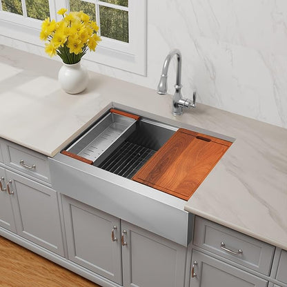 33-Inch Farmhouse Kitchen Sink, 16 Gauge Stainless Steel Farm Sink, Undermount Single Bowl, Brushed Finish, Deep Basin, Workstation Design with Accessories (Stainless Steel, 33" x 22" x 10")