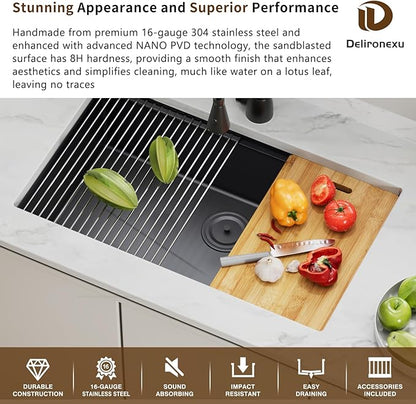 32-Inch Gunmetal Black Undermount Kitchen Sink Workstation - Delironexu 16 Gauge Stainless Steel Deep Single Bowl Kitchen Sinks 32x19x9, Includes Accessories (Pack of 4)