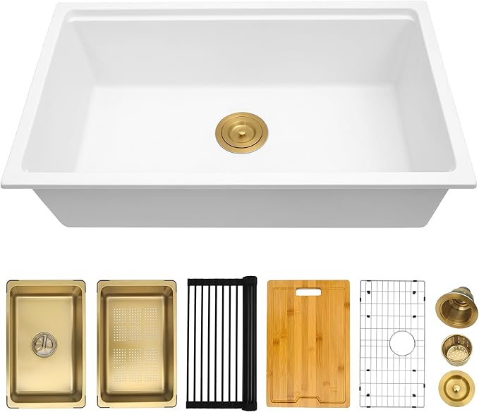 White Undermount Kitchen Sink 30 Inch - Drop In Granite Quartz Composite Workstation Sink - Deep Single Bowl,Dual Mount,with Accessories (White, 30" x 18")