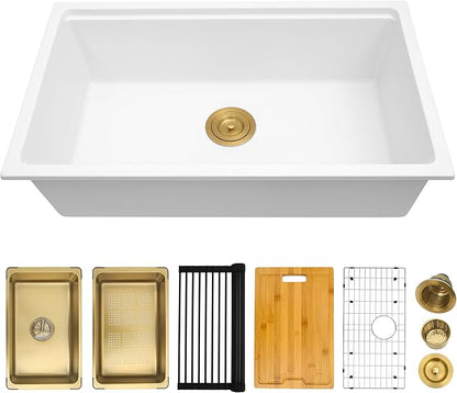 White Undermount Kitchen Sink 30 Inch - Drop In Granite Quartz Composite Workstation Sink - Deep Single Bowl,Dual Mount,with Accessories (White, 30" x 18")