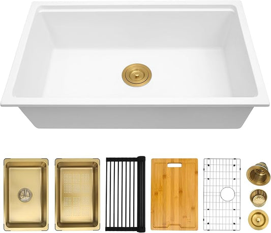 White Undermount Kitchen Sink 30 Inch - Drop In Granite Quartz Composite Workstation Sink - Deep Single Bowl,Dual Mount,with Accessories (White, 30" x 18")