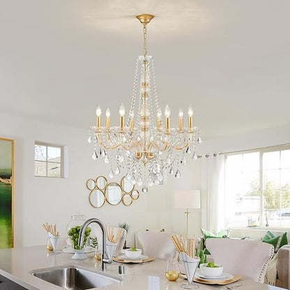 WUZUPS 8-Light Crystal Candle Chandelier Pendant Ceiling Light Modern Lighting Fixture for Bedroom Hallway Bar Kitchen Bathroom, H 35.4" W 27.6", E12 Base, Gold