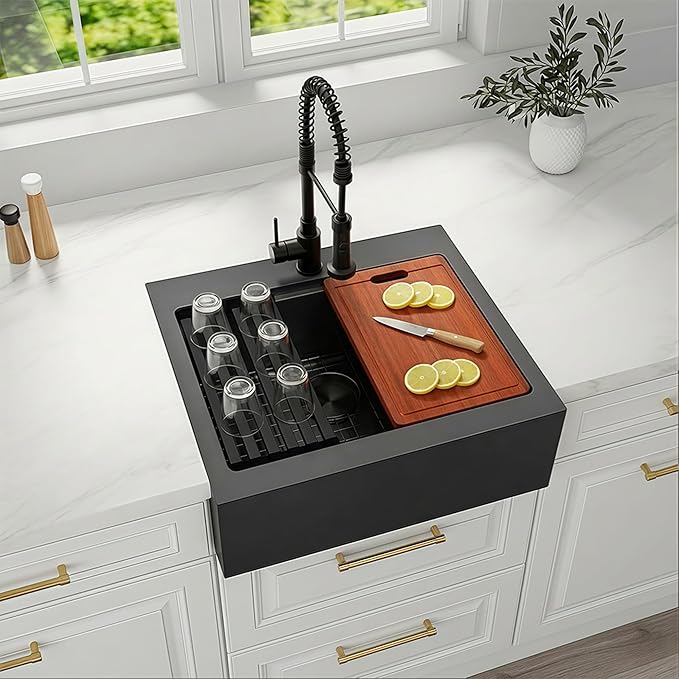 26 Inch Farmhouse Black Sink, 16 Gauge 304 Stainless Steel Farm Sinks, Drop In Topmount Single Bowl Workstation Sink with all Accessories, 26" x 22" x 10" Deep Kitchen Sink