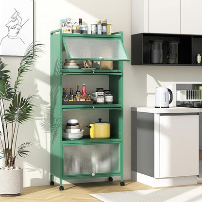 Giantex 5-Tier Kitchen Storage Cabinet, Mobile Microwave Stand with Flip-up PC Doors, Freestanding Kitchen Bakers Rack with 4 Rolling Casters, for Dining Room, Living Room and Study, Green