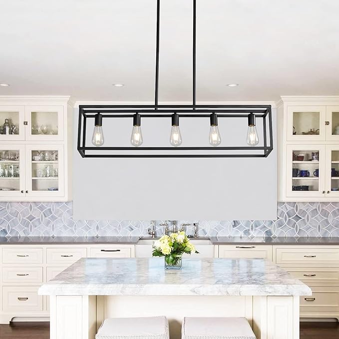 Black Farmhouse Kitchen Island Lighting, Modern Industrial Chandelier, 5-Light Linear Rectangular Pendant Light Fixtures for Farmhouse Kitchen Dining Room Bar Foyer(Metal, Height Adjustable)