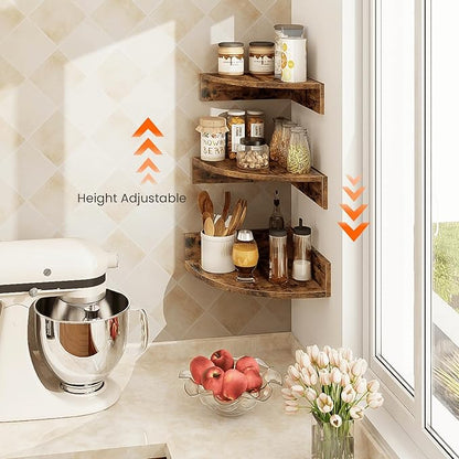 Homode Corner Shelf Wall Mount, Set of 3 Floating Corner Shelves with Cord Hole, 3 Tier Wood Wall Display Shelf, Storage for Bathroom Living Room Kitchen Bedroom, Rustic Brown and Black