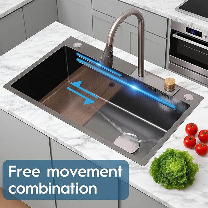 30" Black Drop In Waterfall Kitchen Sink Workstation Single Bowl Stainless Steel Honeycomb Waterfall Sink Modern and Highly Durable Multifunctional Top Mount Kitchen Sinks with Pull-Down Faucet
