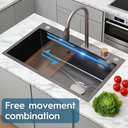 30" Black Drop In Waterfall Kitchen Sink Workstation Single Bowl Stainless Steel Honeycomb Waterfall Sink Modern and Highly Durable Multifunctional Top Mount Kitchen Sinks with Pull-Down Faucet