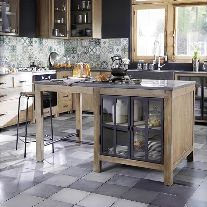 Island Table Farmhouse Kitchen Island with Cabinet Stone Top Wood Frame Freestanding Prep Table(Large)