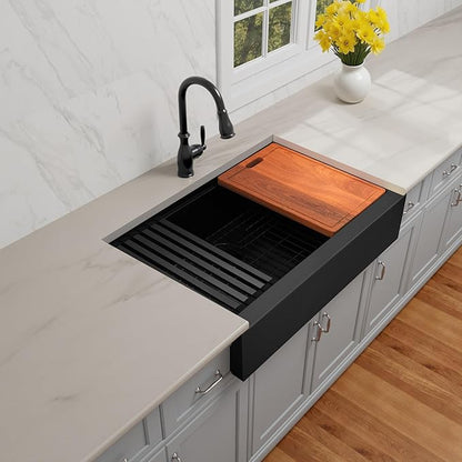 30-Inch Farmhouse Kitchen Sink, 16 Gauge Stainless Steel Farm Sink, Undermount Single Bowl, Brushed Finish, Deep Basin, Workstation Design with Accessories (Black, 30" x 22" x 10")