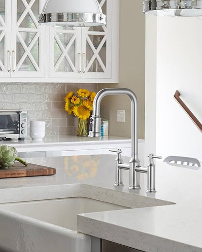 Bridge Kitchen Faucet Brushed Nickel: 3 Hole Solid Brass Farmhouse Kitchen Sink Faucet with Pull Down Sprayer, 2 Handle 8 Inch Centerset High Arched Faucet with 360° Swivel Spout