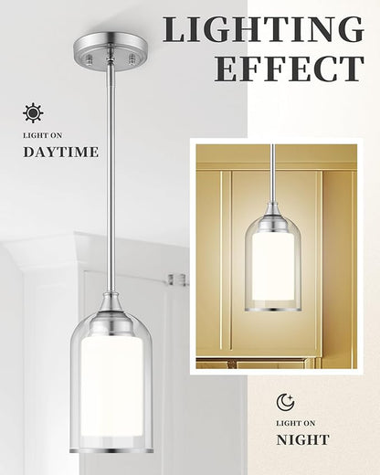 LIROUVET Modern Pendant Lights - Dual Glass Pendant Lights Kitchen Island, Brushed Nickel Hanging Lamp with Clear and Milk Glass, 1=Light Pendant Lighting for Kitchen, Dining Room, PL02BN