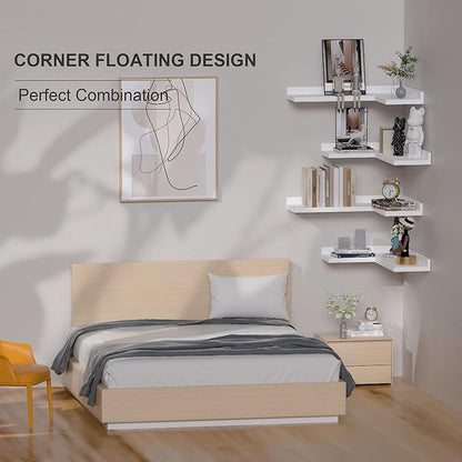 4 Tier Corner Floating Shelves Set of 4, Rustic Pine Wood Corner Shelves for Wall Storage and Decor, L-Shaped Corner Wall Mounted Shelf for Bedroom, Living Room, Bathroom, Kitchen – White
