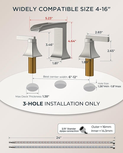 FORIOUS Brushed Nickel 3 hole bathroom faucet, 8" Widespread bathroom sink faucet Waterfall for 4"-16" Sinks, 2 Brass Handle for Vanity with Metal Drain Stopper and CUPC Pre-Installed Hose System
