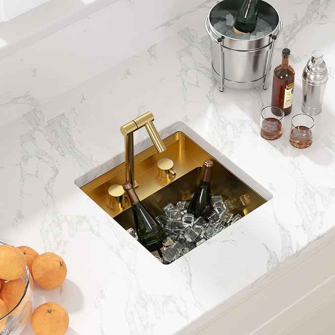 Sarlai Outdoor Sink, 15x15 Inch Gold Undermount Kitchen Sink Workstation with Foldable Faucet Bar Prep Single Bowl Gold Kitchen Sinks16 Gauge Stainless Steel BBQ Sinks with Cover 15"x15"x9"
