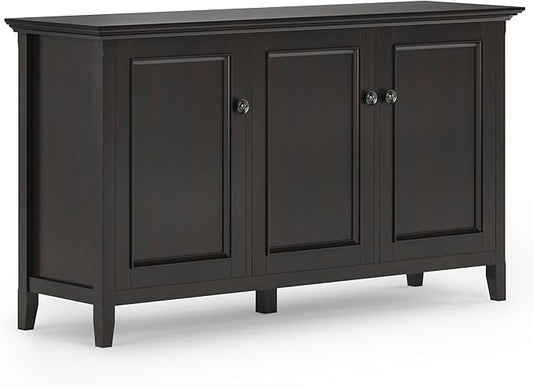 SIMPLIHOME Amherst 60-inch Wide Solid Wood 3-Door Storage Cabinet in Hickory Brown, Transitional-Style Buffet Sideboard for Living Room, Dining Room or Entryway