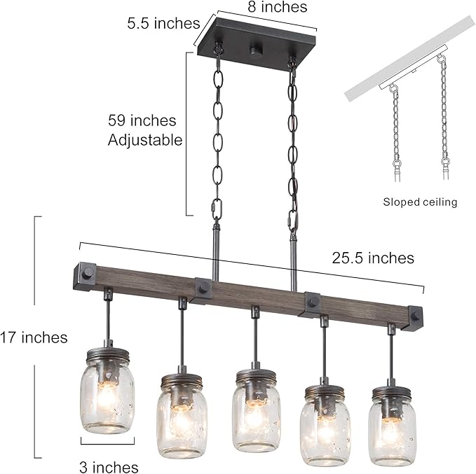 Mason Jar Chandelier, 5-Light Farmhouse Chandelier for Dining Room, 25.5" Rustic Island Lighting with Clear Glass Globes