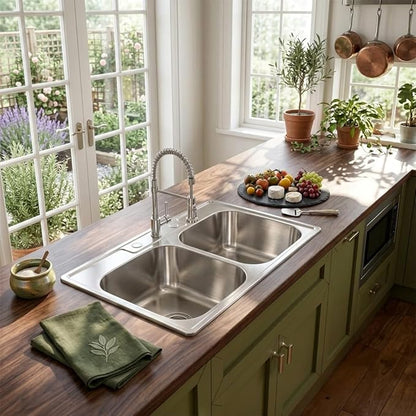 Kitsitchen 33x22-Inch Drop-in Stainless Steel 50/50 Double Bowl Kitchen Sink with Strainer, Top Mount Double Bowl Kitchen Sinks with 3 holes (33" X 22"X 9")