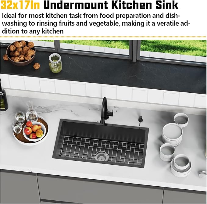Black 32x17 Inch Undermount Kitchen Sink-Stainless Steel Single Bowl Drop In Kitchen Sink Stylish And Modern Look With Bottom Grid,Silicon Mat And Drain Assembly Add Elegance & Enhance Usability