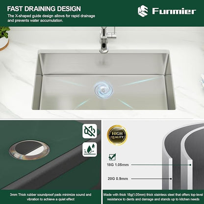 30 Inch Undermount Kitchen Sink - 30 19 Stainless Steel Workstation Sink 18 Gauge Single Bowl 9'' Deep Basin Handmade