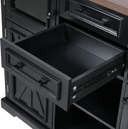 RUNNA 54.9" Kitchen Island with Drop Leaf,Power Outlet,Storage Cart with 4 Door Shelves,Cross Barn Doors & Visual Glass Door,Rolling on 4 Wheels,Dining Room (Black#77)