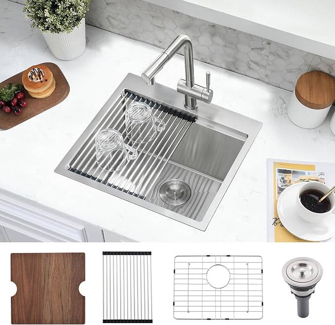21x20 Inch Drop In Bar Sink - 16 Gauge Stainless Steel Small Kitchen Sink, 10" Deep Single Bowl Workstation Sinks with Accessories for RV, Outdoor Kitchen & Wet Bar