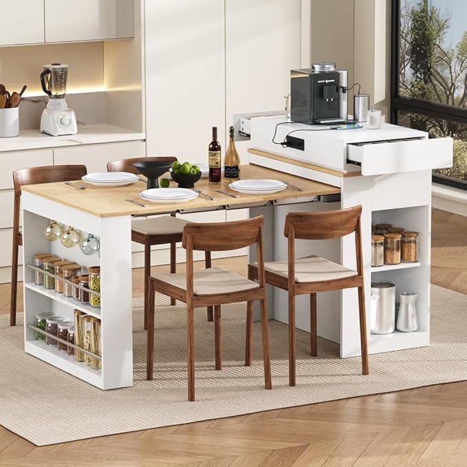 Modern Extendable Dining Table with Folding Tabletop, Kitchen Island with Built-in Outlet & Wheels, Sideboard Buffet Cabinet with Drawers for Dining Room