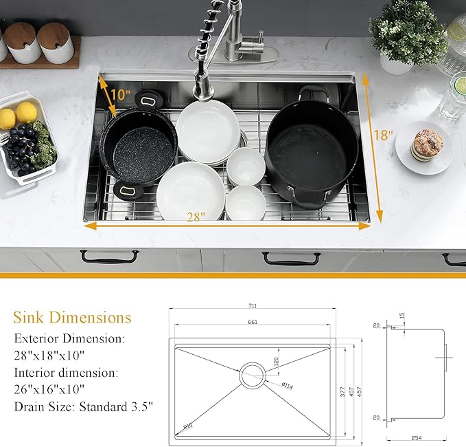 28 Inch Undermount Kitchen Sink, 28x18 Inch Stainless Steel Kitchen Sink Undermount Ledge Workstation 16 Gauge Handmade Commercial 10 Inch Deep Single Bowl Basin with Cutting Board