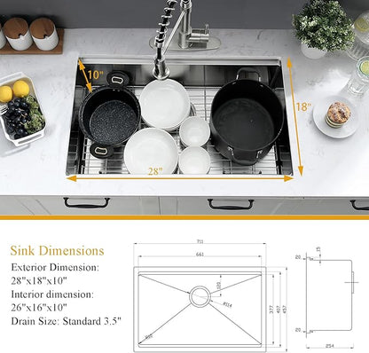28 Inch Undermount Kitchen Sink, 28x18 Inch Stainless Steel Kitchen Sink Undermount Ledge Workstation 16 Gauge Handmade Commercial 10 Inch Deep Single Bowl Basin with Cutting Board