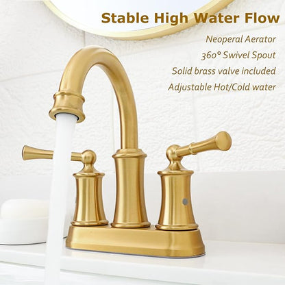 Brushed Gold 4 inch Centerset Bathroom Faucet, 2 Handle Bathroom Faucet 3 Hole, Antique Brass Bathroom Faucet with Pop Up Drain Supply Hose for Vanity Lavatory RV Farmhouse(L2303-BG)