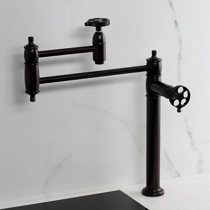 Kingston Brass KS3705RKZ Wendell Two-Handle 1-Hole Deck Mount Pot Filler Faucet with Knurled Handle in Oil Rubbed Bronze