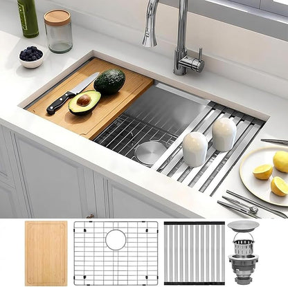 Undermount Kitchen Sink,16 Gauge T-304S Stainless Steel Workstation Sinks with Accessories, 30" x 18" x 10" Large and Deep Single Bowl Kitchen Sink for Home,Kitchen and Outdoor