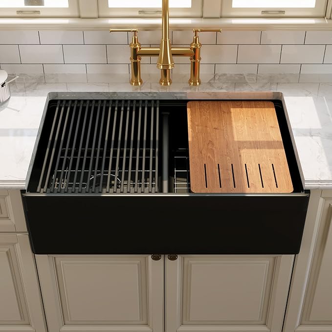 DeerValley 33 inch Workstation Kitchen Sink, Black Fireclay Farmhouse Sink, Double Bowl Apron Front Deep Drop-in Undermount Sink with Workstation Accessories