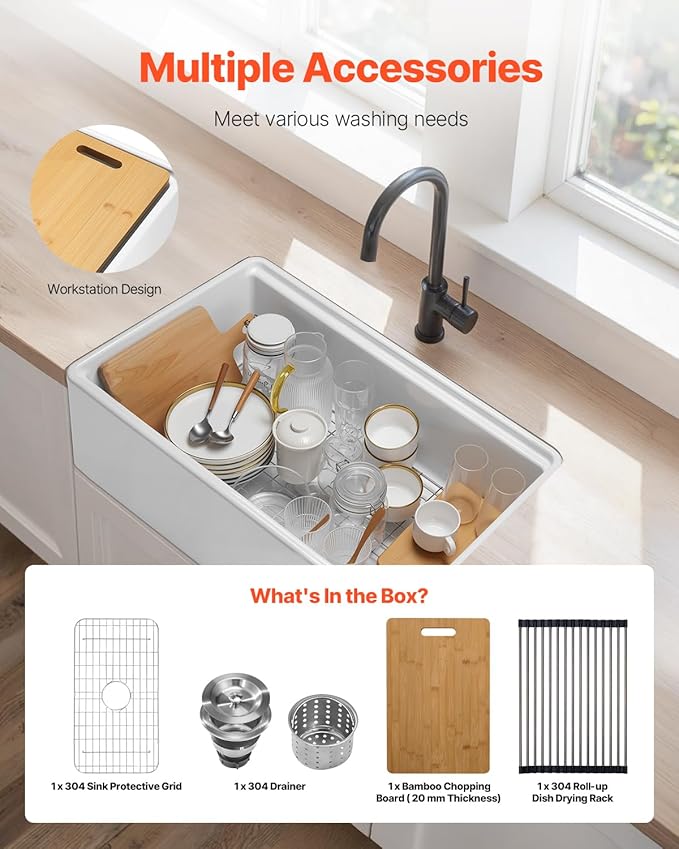 VEVOR 32x20 inch Farmhouse Sink, White Sink Workstation, Fireclay Undermount Basins, Apron Front Single Bowl Basin with Multiple Accessories, Large Capacity Household Dishwasher Sinks for Kitchen