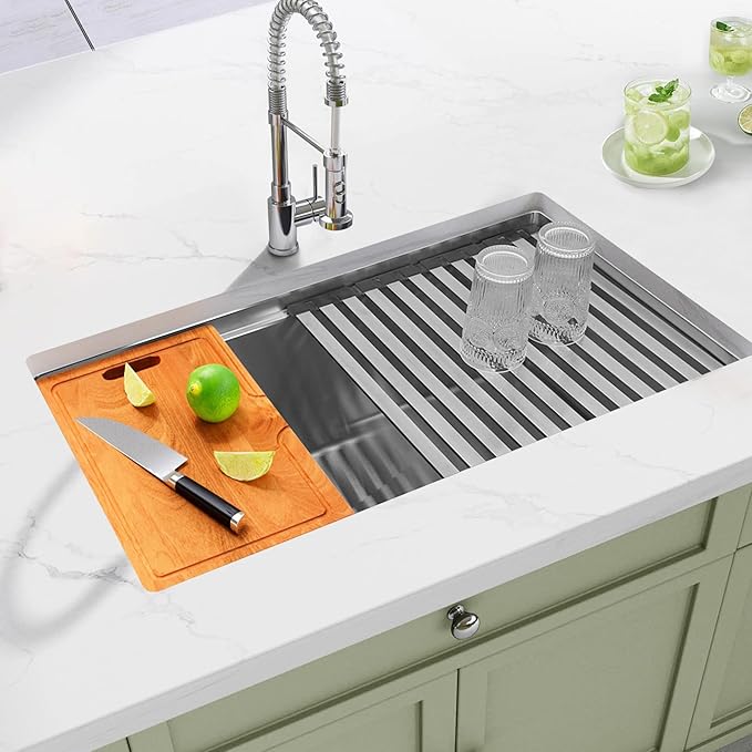 Undermount Kitchen Sink 33 inch,16 Gauge Stainless Steel Workstation Sinks,Deep and Large Single Bowl Kitchen Sink Offset Drain (33" X 18")