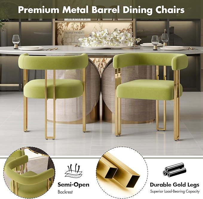 Hyfirm Green and Gold Modern Dining Chairs Set of 6, Velvet Upholstered Barrel Armchairs with Metal Legs for Kitchen Island, Mid Century Accent Chairs for Dining Room Living Room, Open-Back