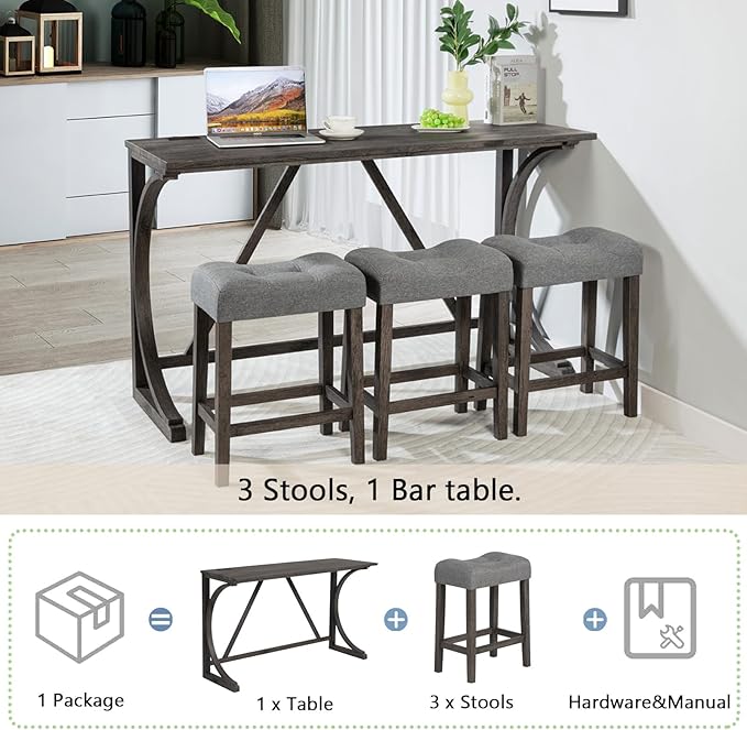 4-Piece Counter Height Table Set with Power Outlet, Wooden Dining Table and 3 Upholstered Stools, Modern Kitchen Pub Set for 4, Dark Gray