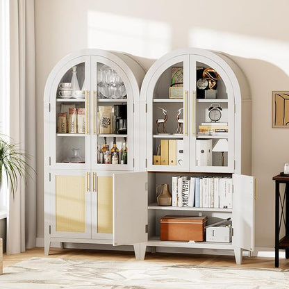 63" Arched Storage Cabinet, 5-Tier Modern Arched Cabinet with Glass Doors, Tall Arched Cabinet Adjustable for Living Room, Dining Room Office, White