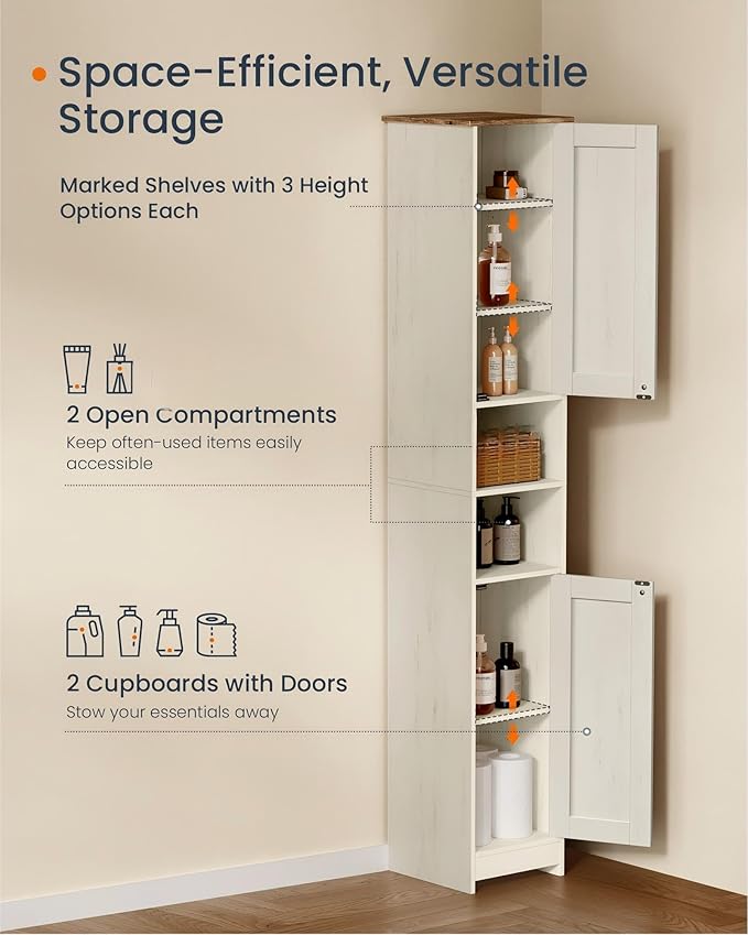 SONGMICS HOME 67-Inch Tall Bathroom Storage Cabinet, Superfast Toolless Assembly, 11.8-Inch Wide Slim Narrow Freestanding Cabinet with Adjustable Shelves, Kitchen Living Room, Rustic White