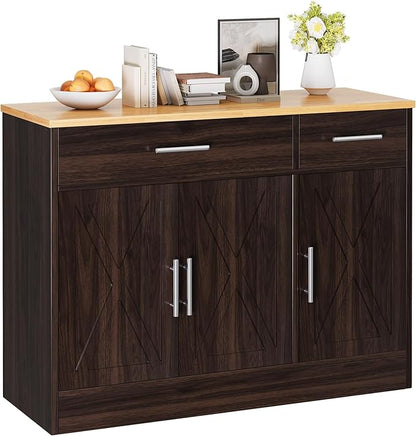 Vongrasig Sideboard Buffet Cabinet with Storage, 43” Farmhouse Coffee Bar Storage Cabinet with Drawers and Shelves, Modern Buffet Table for Kitchen, Dining Room, Rustic Brown