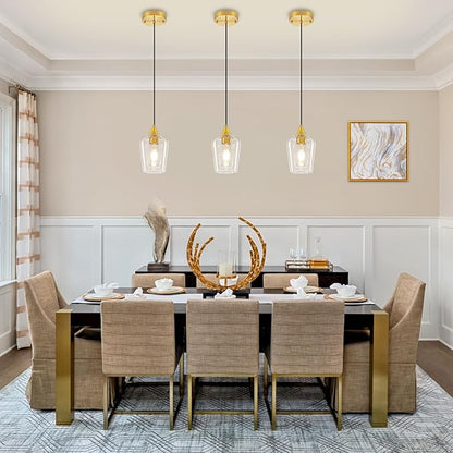 3-Pack Brushed Gold Pendant Lights Kitchen Island, Modern Glass Pendant Lighting Over Island Kitchen Hanging Light Fixtures Hallway Pendant Lights for Bathroom Dining Room Entryway Foyer Bedroom