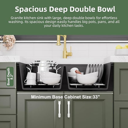 Davivy 30 Inch Black Double Bowl Granite Kitchen Sink 50/50, 30 x 18 Black Undermount Kitchen Sink, Deep Quartz Composite Double Basin with Accessories