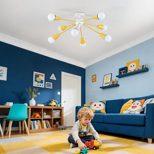 Yellow Sputnik Ceiling Light Fixture, 8-Lights Kids Ceiling Light Semi Flush Mount Ceiling Lights for Bedroom Entryway Kitchen