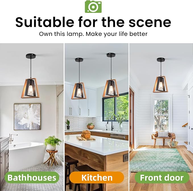 Kitchen Island Pendant Lights, Black Industrial Metal and Vintage Wood Hanging Light, Mini Farmhouse Chandelier, Adjustable Height Rustic Ceiling Lamp for Entryway, Dining Room, Foyer