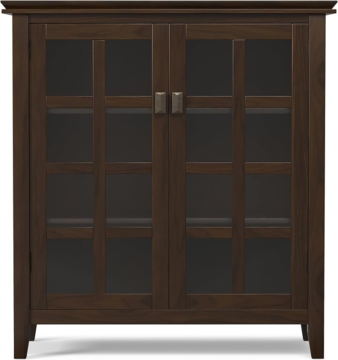 SIMPLIHOME Artisan Storage Cabinet - 38 inch Wide Solid Wood Medium Cabinet in Tobacco Brown, Transitional Accent Cabinet for Living Room or Dining Room with Glass Doors and Adjustable Shelves
