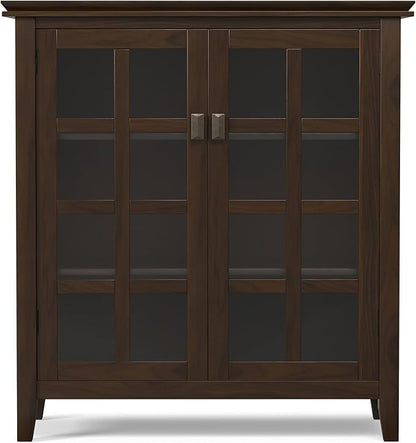 SIMPLIHOME Artisan Storage Cabinet - 38 inch Wide Solid Wood Medium Cabinet in Tobacco Brown, Transitional Accent Cabinet for Living Room or Dining Room with Glass Doors and Adjustable Shelves