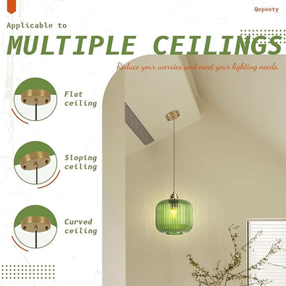 Modern Pendant Light, 7.9 Inch Globe Farmhouse Pendant Fixture with Striped Glass Shade, Adjustable Height Ceiling Light for Kitchen Island, Dining Room, Living Room, Bedroom, Entryway